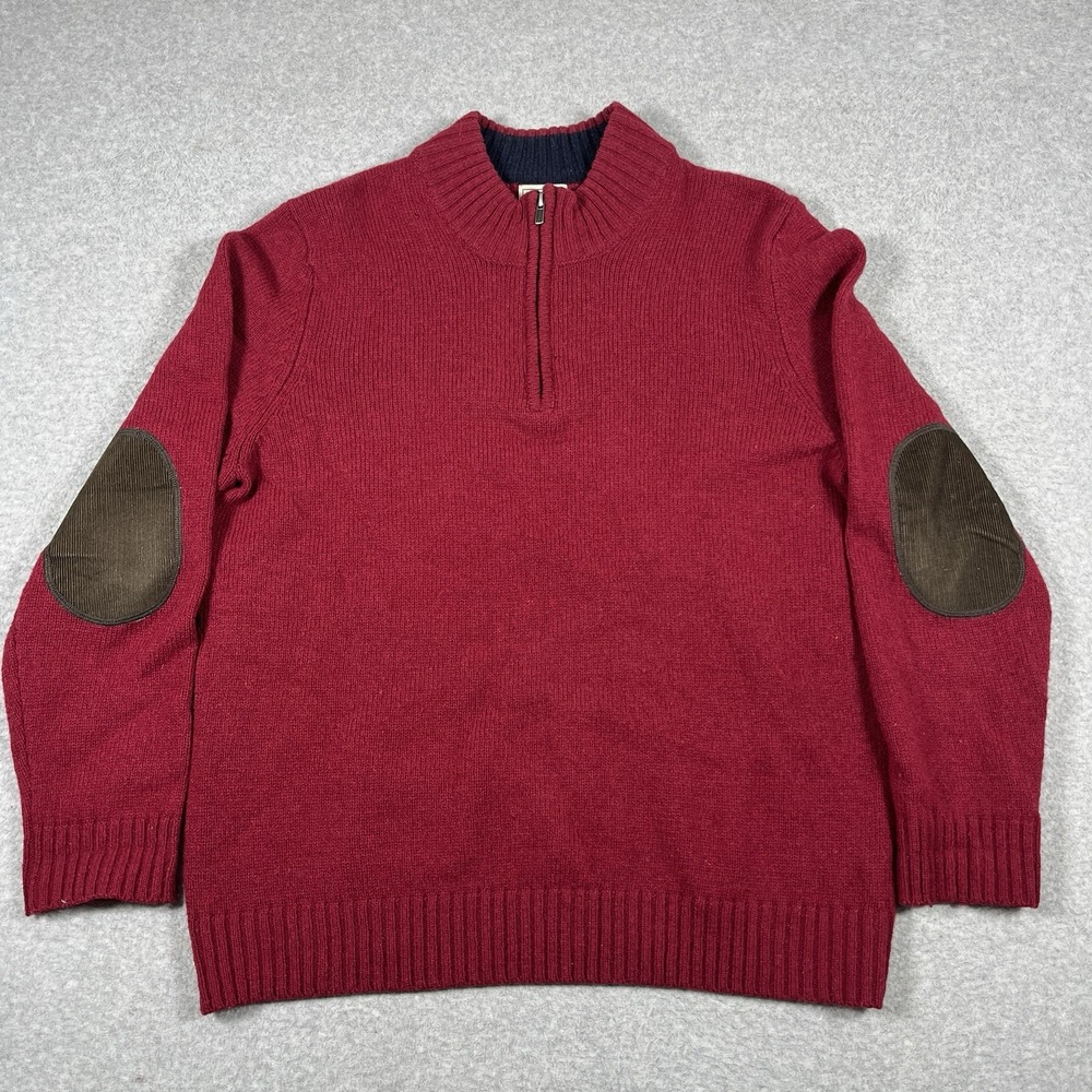 LL Bean Sweater Mens Large Red Pullover 100% Wool Shetland 1/4 Zip Knit Mock